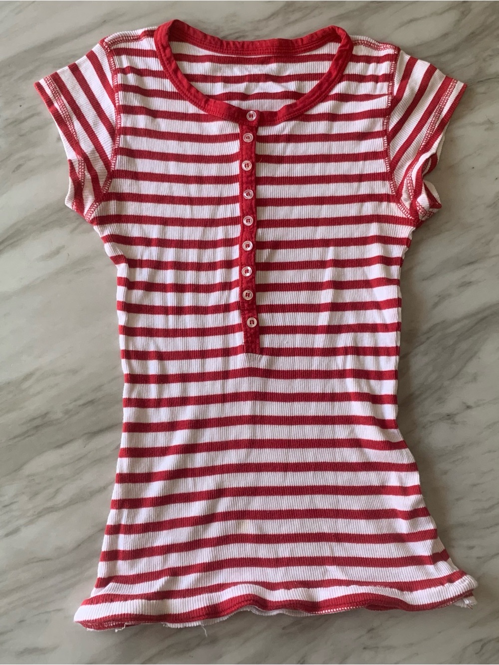 Abercrombie & Fitch Red and White Striped Button-Front Tee